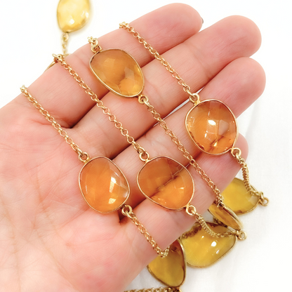 Hydro Quartz Citrine Organic Shape Bezel Gold Plated Connected Wire Chain