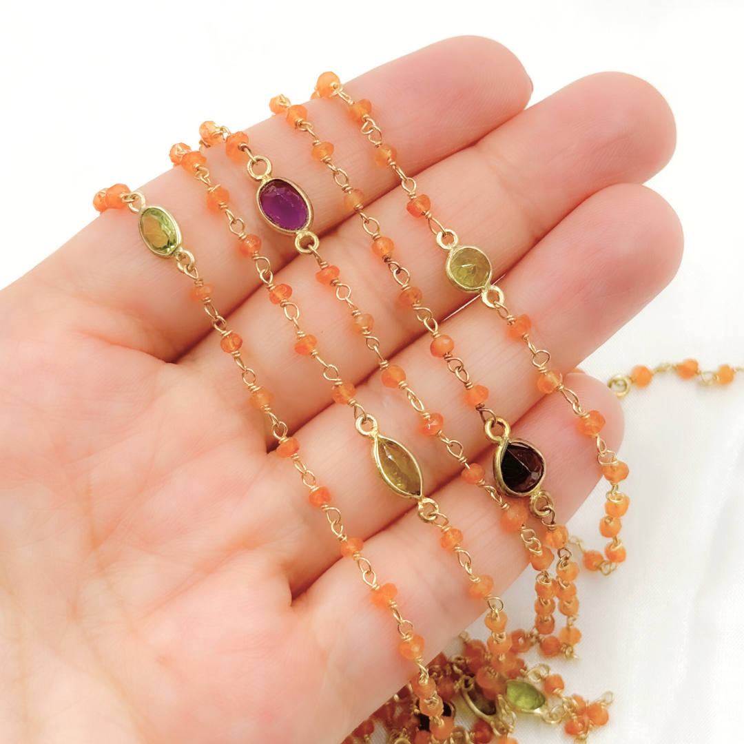 Carnelian & Multi Stone Gold Plated Wire Chain.