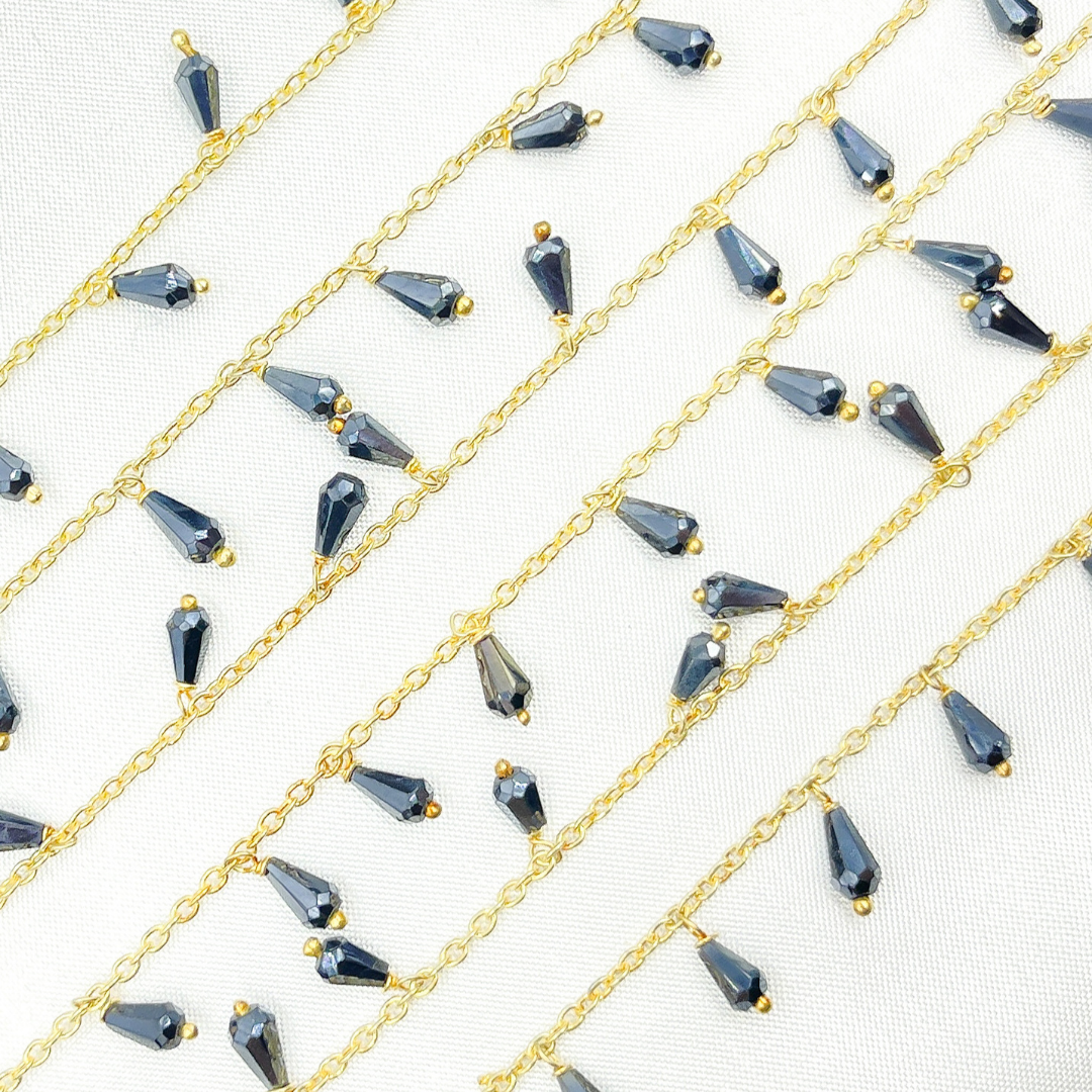 Coated Black Spinel Drop Dangle Gold Plated 925 Sterling Silver Wire Chain.