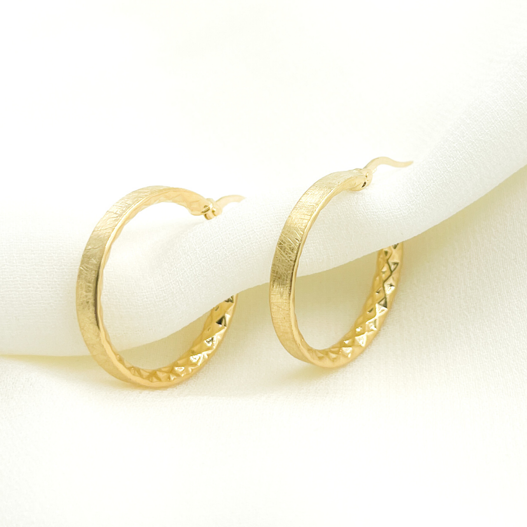 14K Solid Gold Diamond Cut Hoop Earrings with Texture.