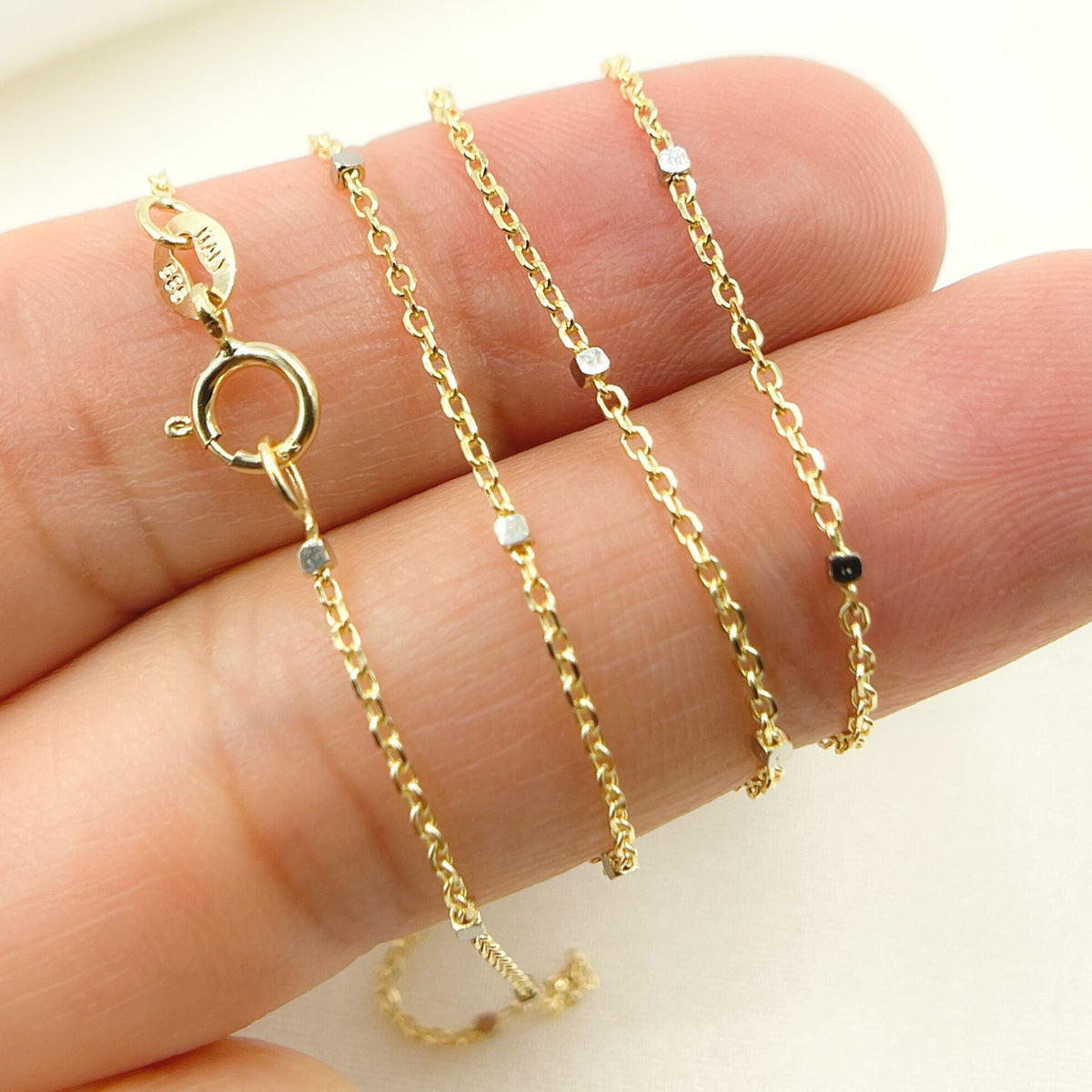 14K Solid Yellow Gold with White Gold Cubes Satellite Chain