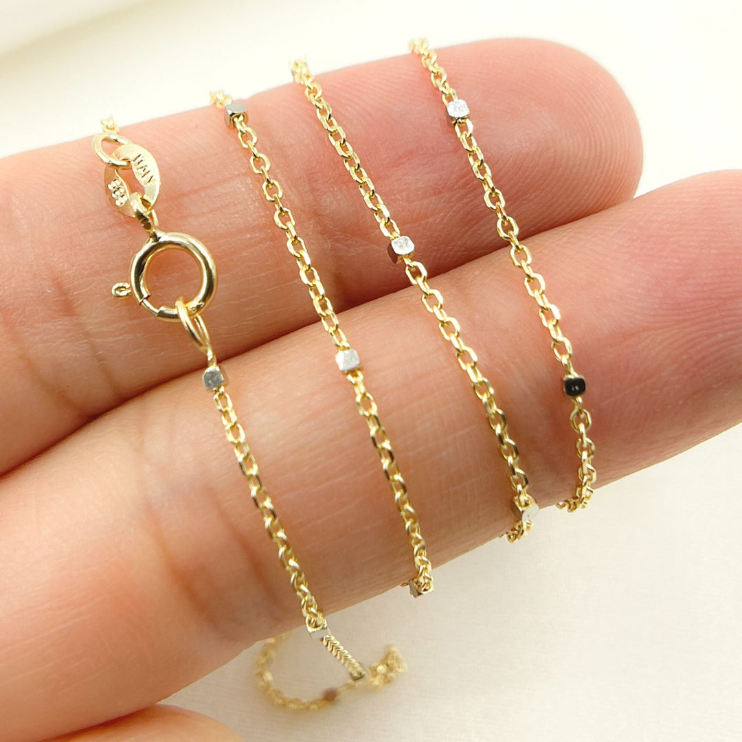 030R01TS4TP8BDB. 14K Solid Yellow Gold with White Gold Cubes Satellite Chain