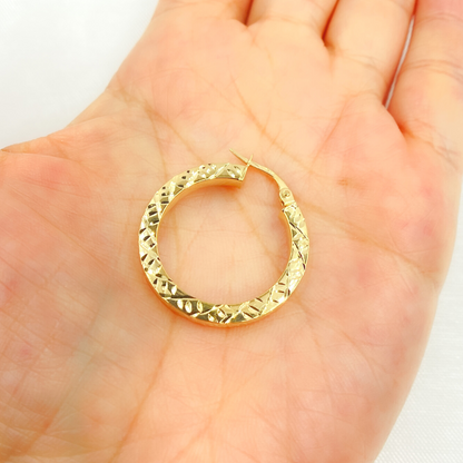 14K Solid Gold Hollow Flat Diamond Cut Hoop