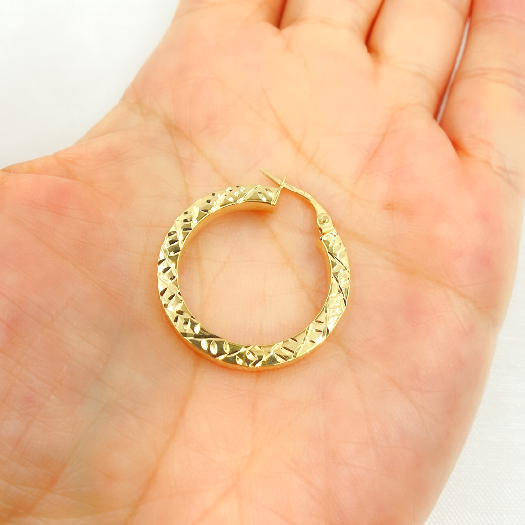 14K Solid Gold Hollow Flat Diamond Cut Hoop