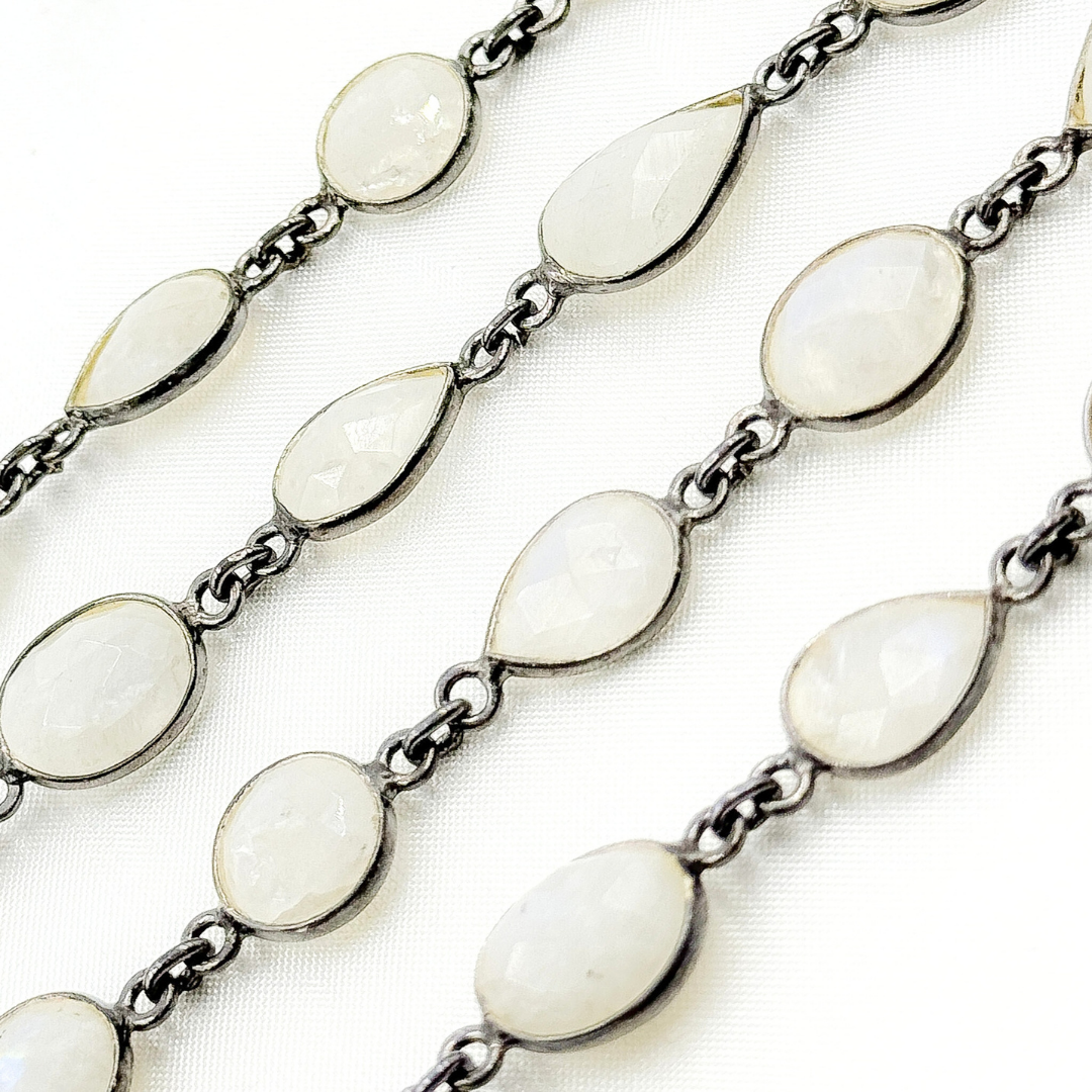 White Moonstone Oval & Pear Shape Bezel Oxidized Wire Chain