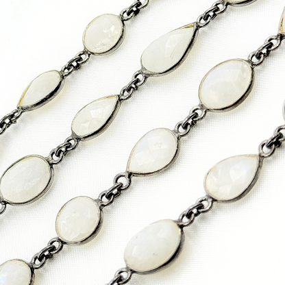 White Moonstone Oval & Pear Shape Bezel Oxidized Wire Chain