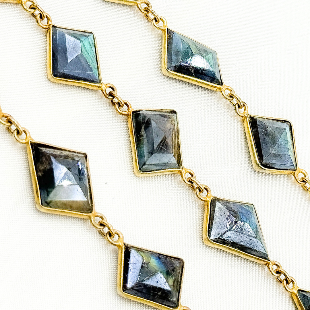 Coated Labradorite Rhomb Shape Bezel Gold Plated Wire Chain.