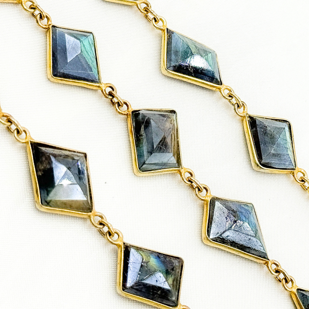 Coated Labradorite Rhomb Shape Bezel Gold Plated Wire Chain. CLB65