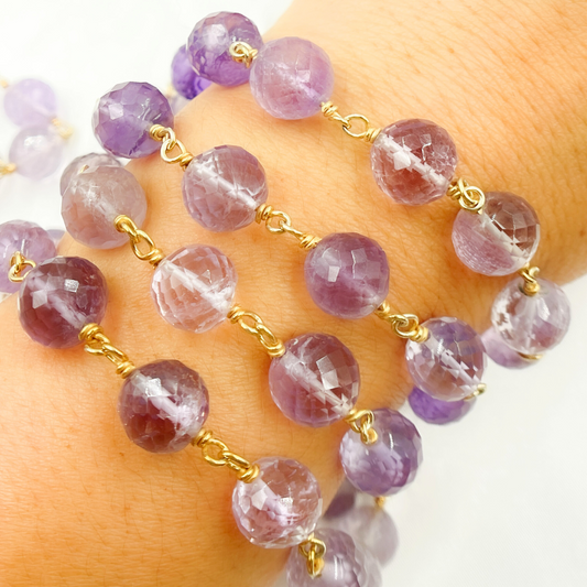 Pink Amethyst Round Shape Gold Plated Wire Chain