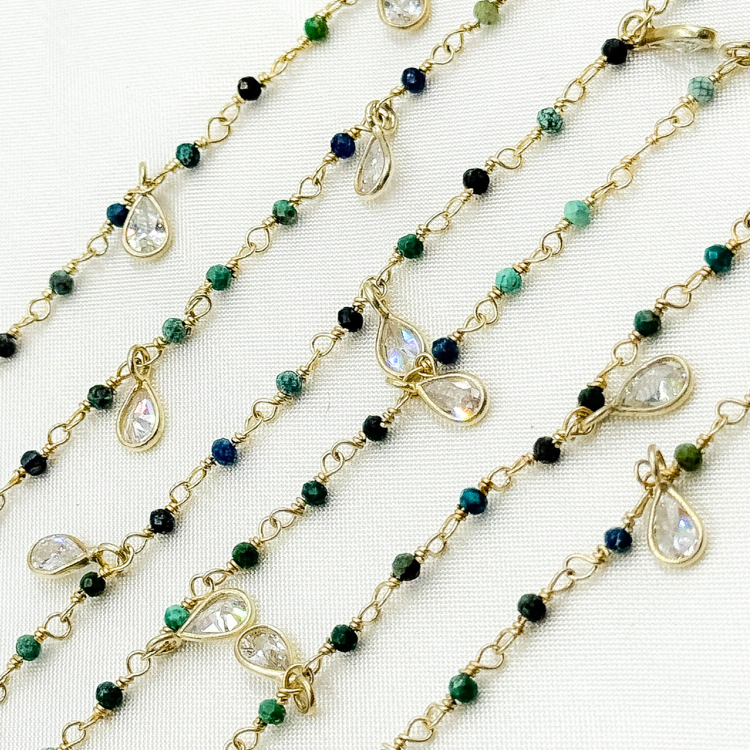 Chrysocolla & CZ Dangle Gold Plated Wire Chain. CHR28