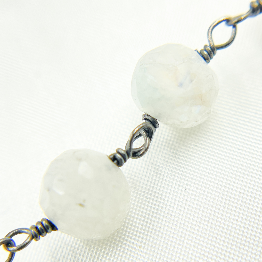 White Moonstone Round Shape Oxidized Wire Chain. WMS31