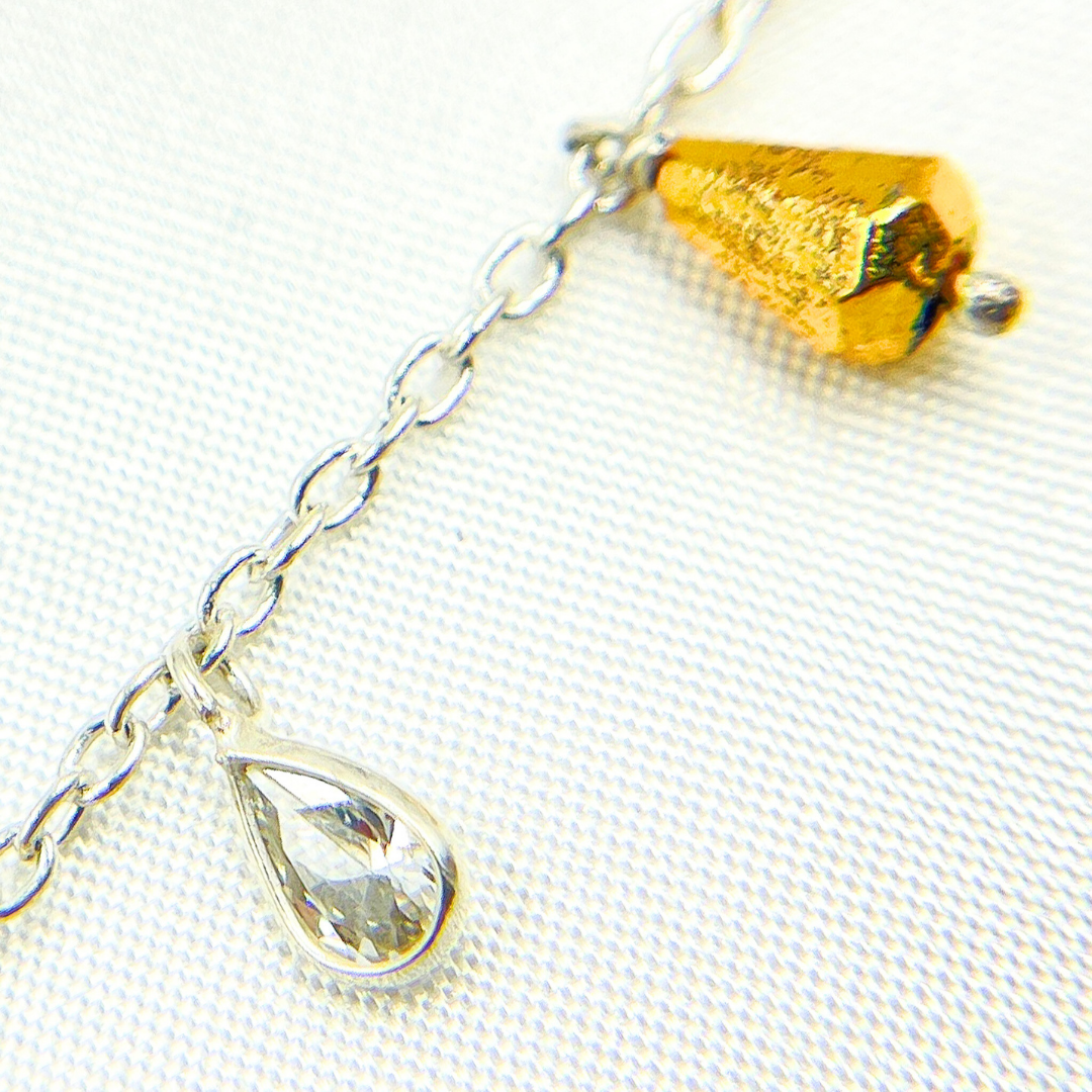 Golden Pyrite Drop & CZ Pear Shape Dangle 925 Sterling Silver Wire Chain. PYR29