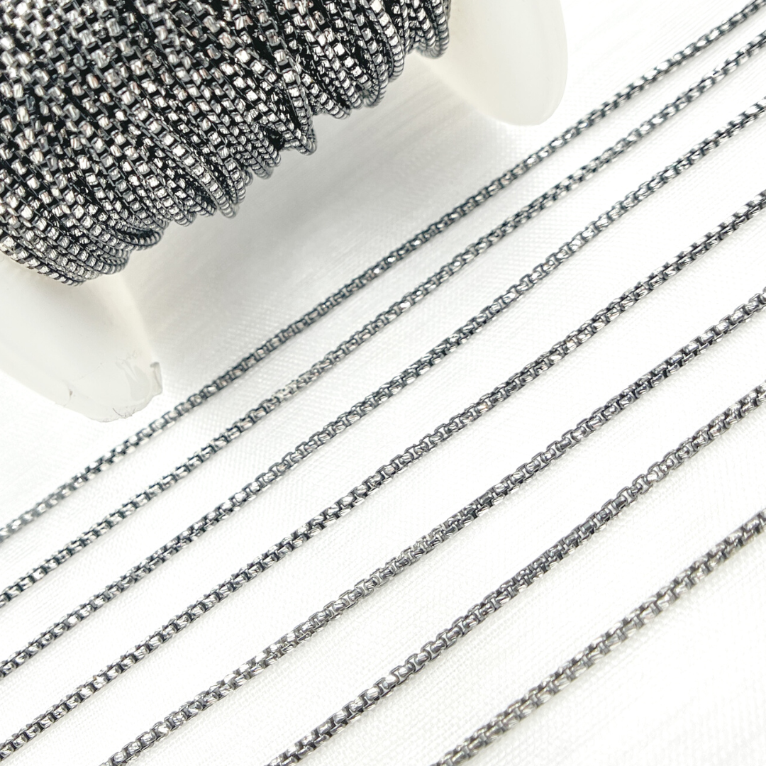 Black Rhodium & White 925 Sterling Silver Diamond Cut Box Chain. X9ND