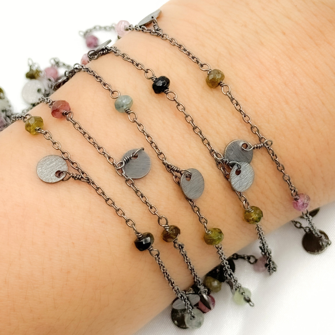 Multi Tourmaline and Dangle Disc Oxidized Wire Chain