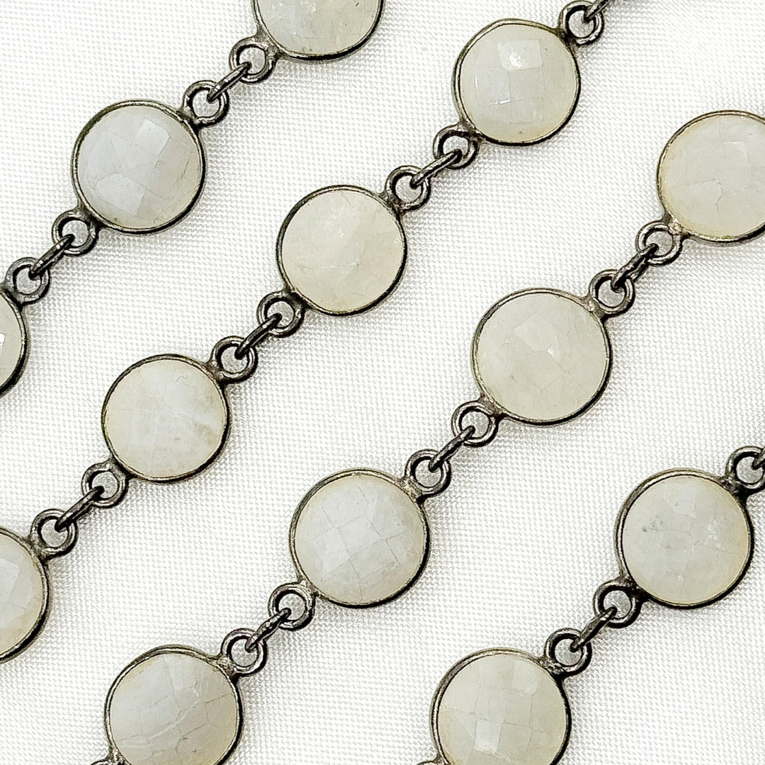 White Moonstone Round Shape Bezel Oxidized Wire Chain
