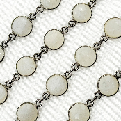 White Moonstone Round Shape Bezel Oxidized Wire Chain