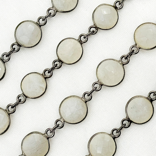 White Moonstone Round Shape Bezel Oxidized Wire Chain