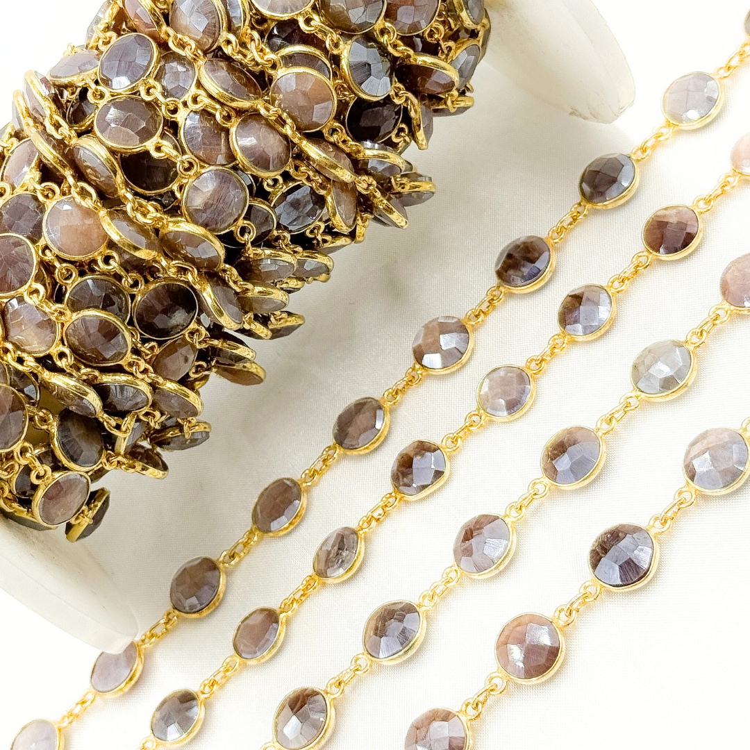 Coated Chocolate Moonstone Round Shape Bezel Gold Plated Wire Chain.