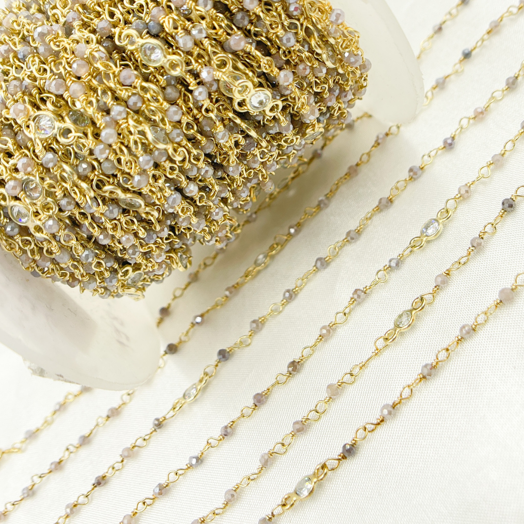 Coated Multi Moonstone & CZ Gold Plated Wire Chain.