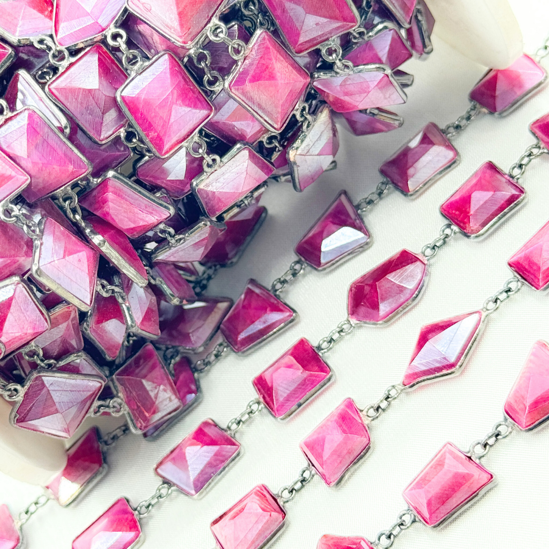 Coated Red Quartz Rectangle Shape Bezel Oxidized Wire Chain.