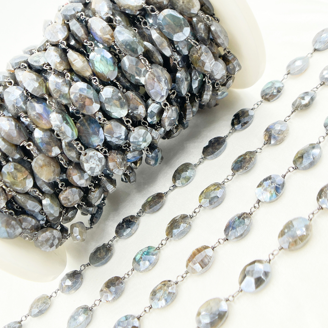 Coated Labradorite Oval Shape Oxidized Wire Chain. CLB52