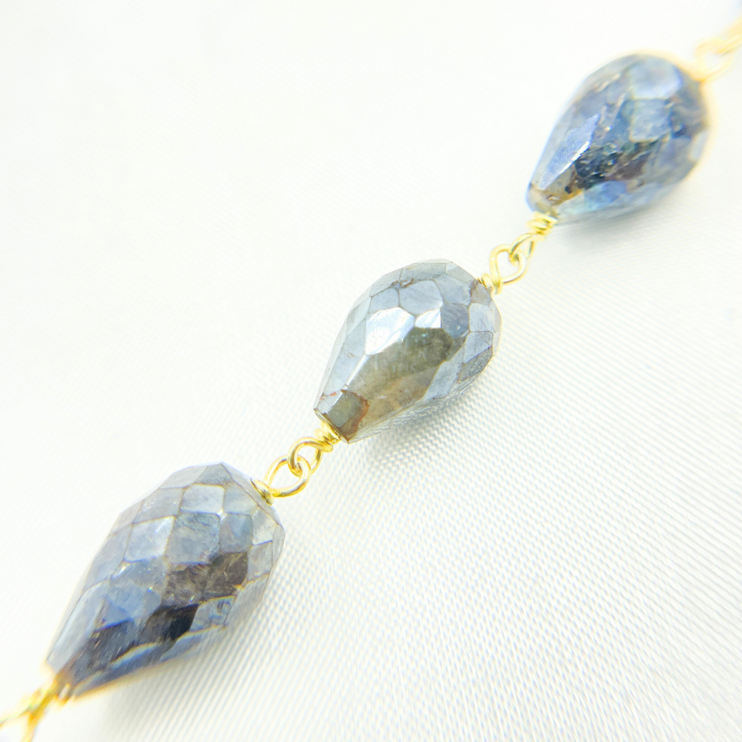 Coated Labradorite Tear Drop Shape Gold Plated Wire Chain. CLB39