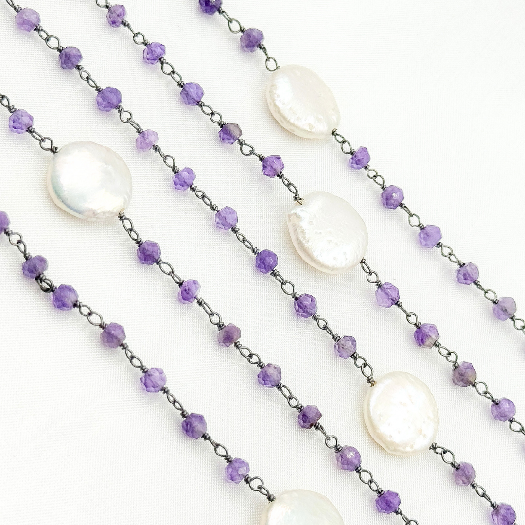 Amethyst & Pearl Round Shape Bezel Oxidized Wire Chain.