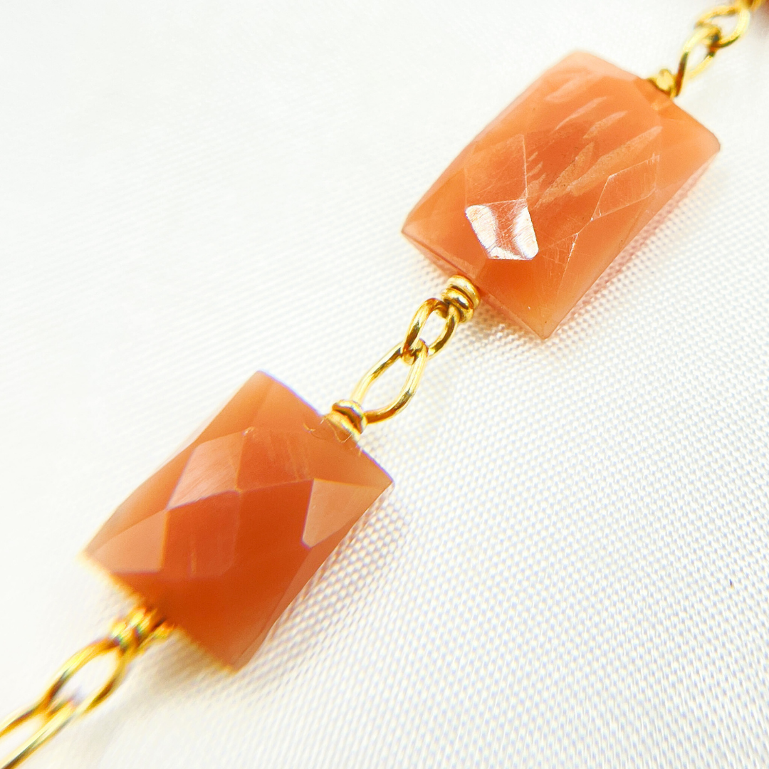 Peach Moonstone Rectangular Shape Gold Plated Wire Chain. MS42