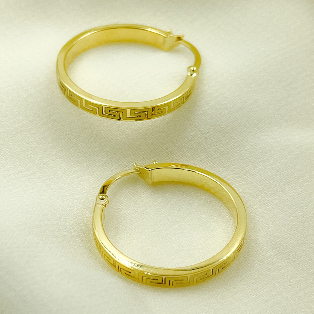 14K Solid Gold Flat Round Hoop Earrings with Texture.