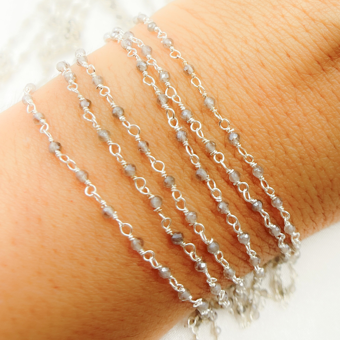 Coated Grey Moonstone 925 Sterling Silver Wire Chain
