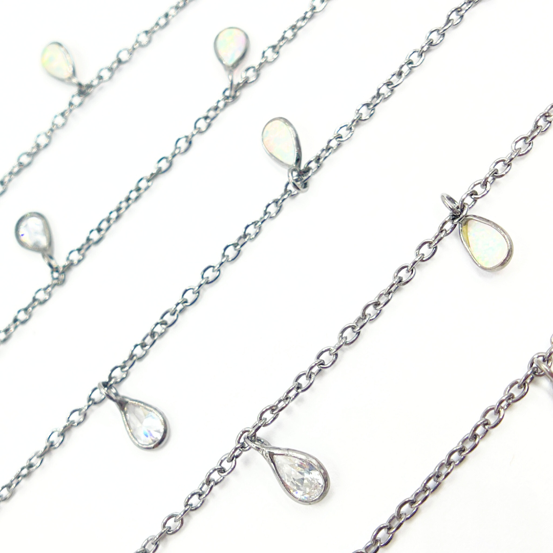 Created White Opal + CZ Pear Shape Dangle Chain