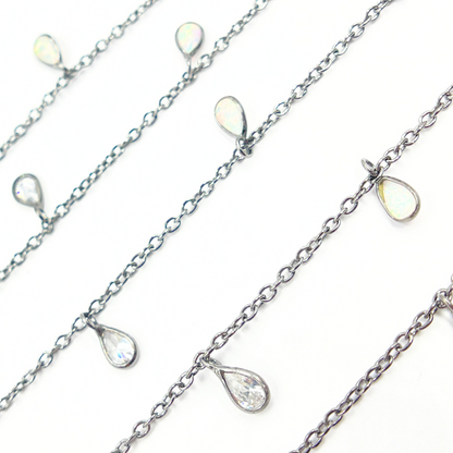Created White Opal + CZ Pear Shape Dangle Chain