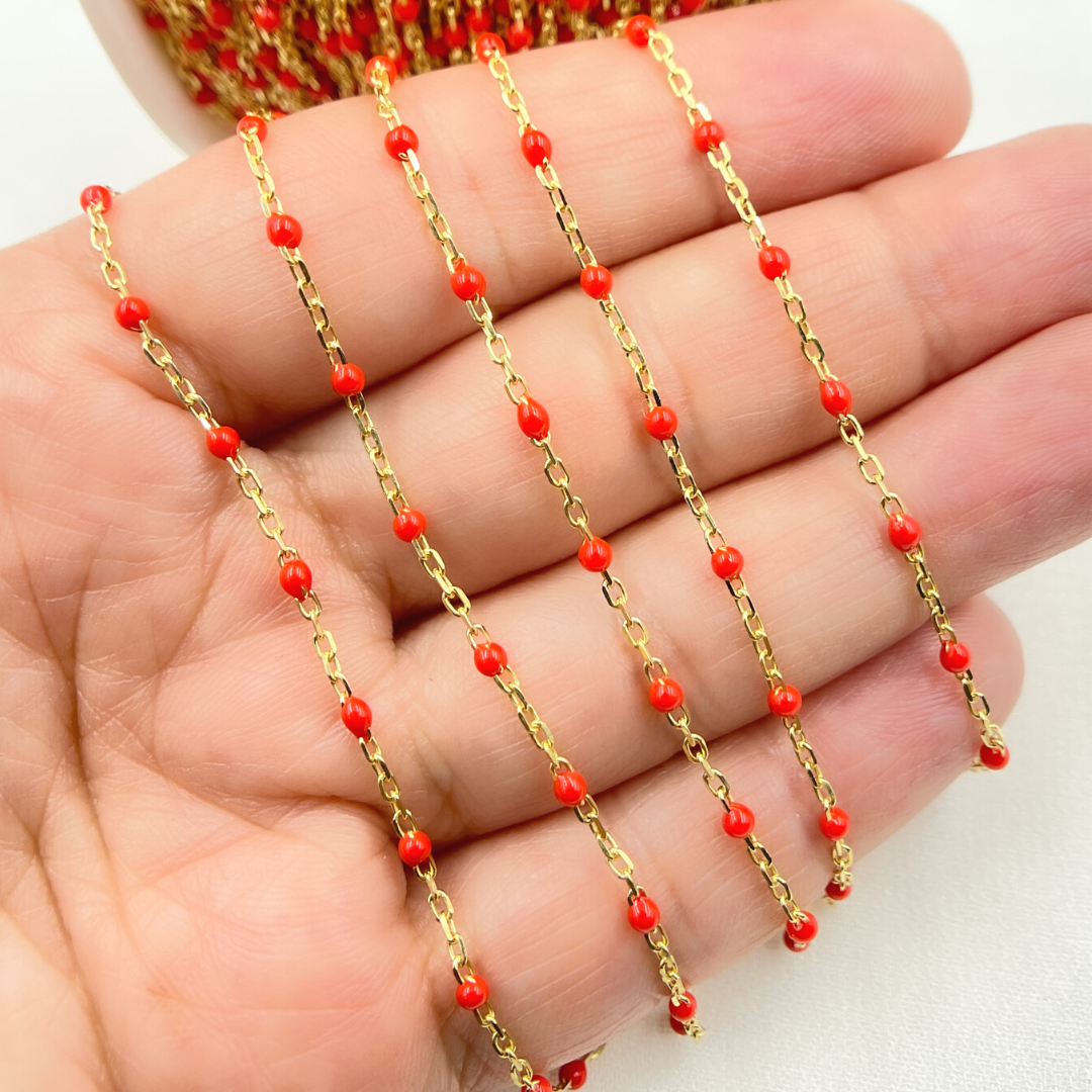 Gold Plated Sterling Silver Enamel Red Color Cable Chain
