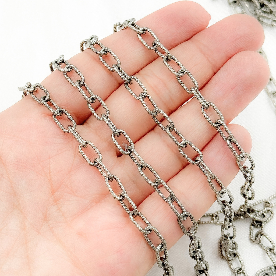 Oxidized 925 Sterling Silver Round Hammered Paper Clip Chain. V137DCOX