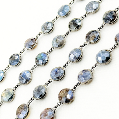 Coated Labradorite Round Shape Bezel Oxidized Wire Chain