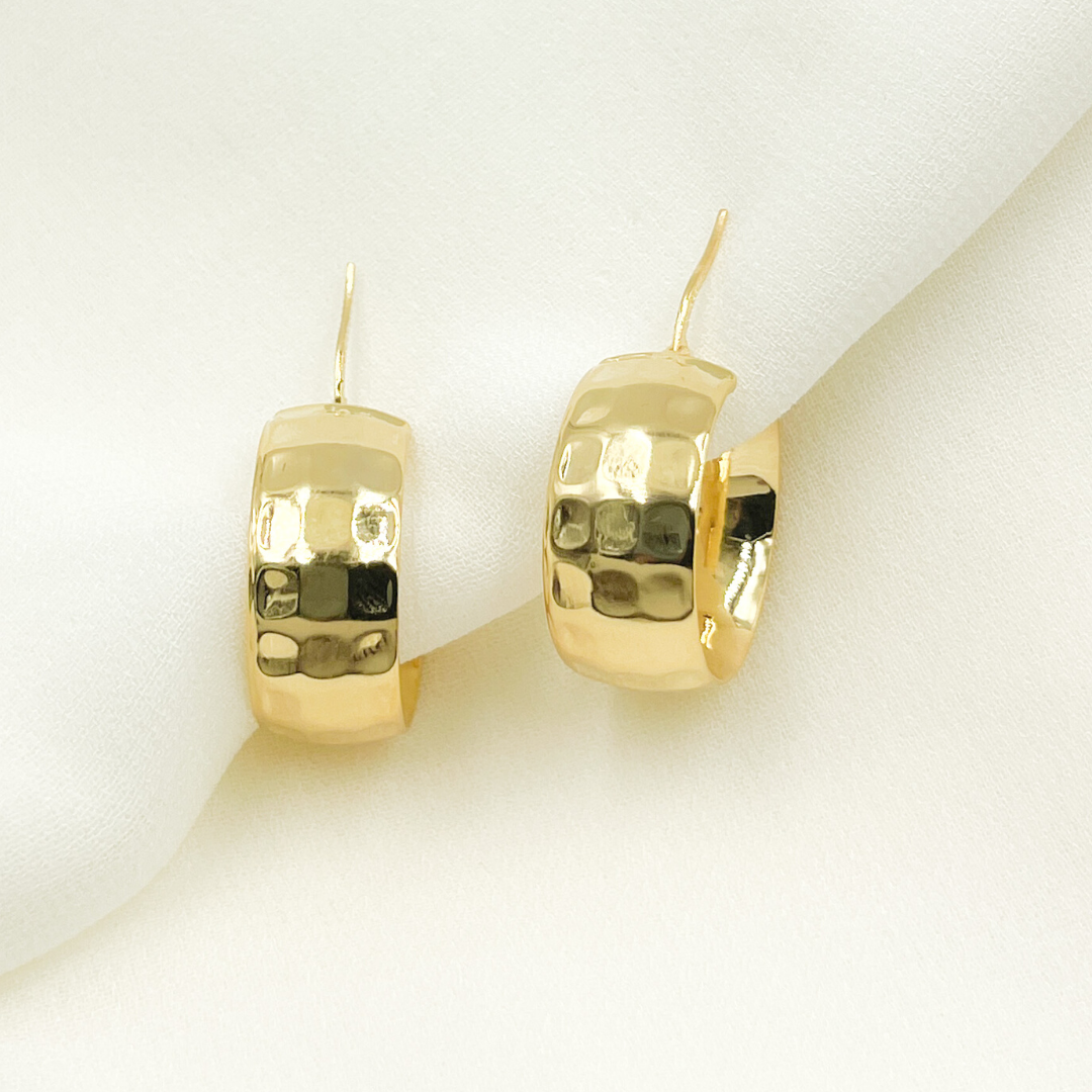 GER88. 14K Solid Gold Hammered Hoop Earrings