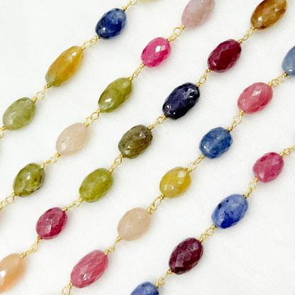 Multi Sapphire Rondel Faceted Gold Plated 925 Sterling Silver Wire Chain