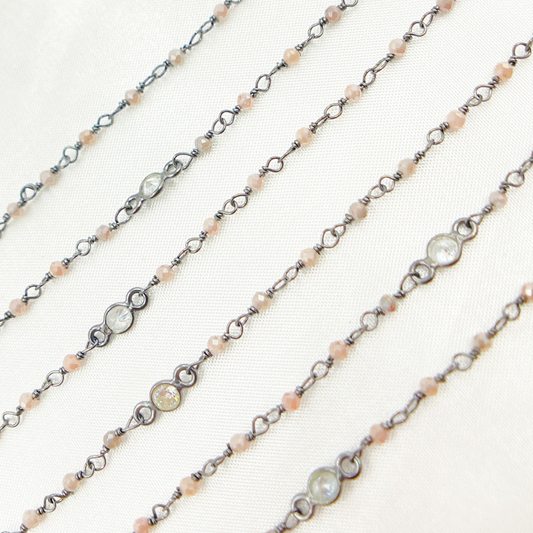 Coated Peach Moonstone & CZ Oxidized Wire Chain.