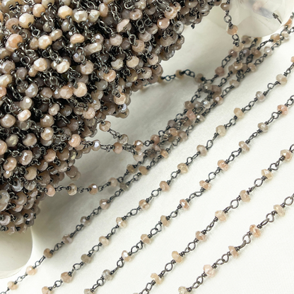 Coated Siloni Peach Moonstone 925 Sterling Silver Wire Chain.