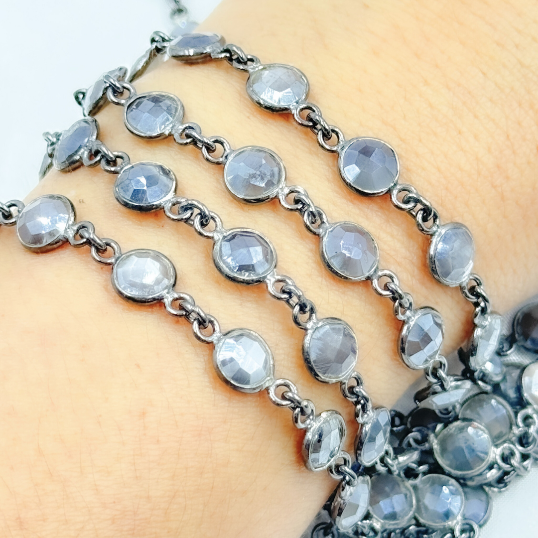 Coated Grey Moonstone Round Shape Bezel Oxidized Wire Chain.