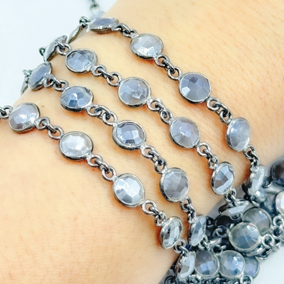 Coated Grey Moonstone Round Shape Bezel Oxidized Wire Chain.