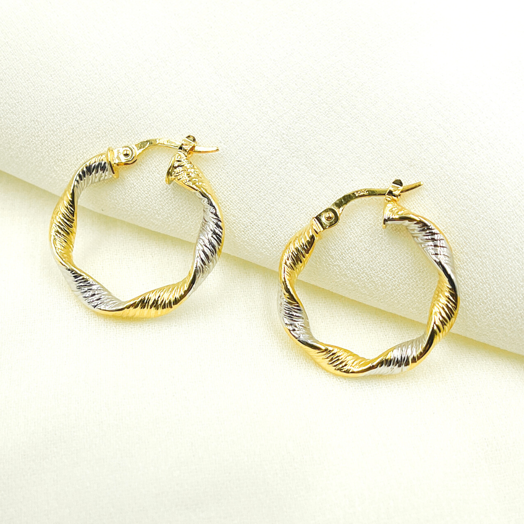 GER32. 14K Solid Gold Twist Round Classic Earrings Circle Shape Hoop