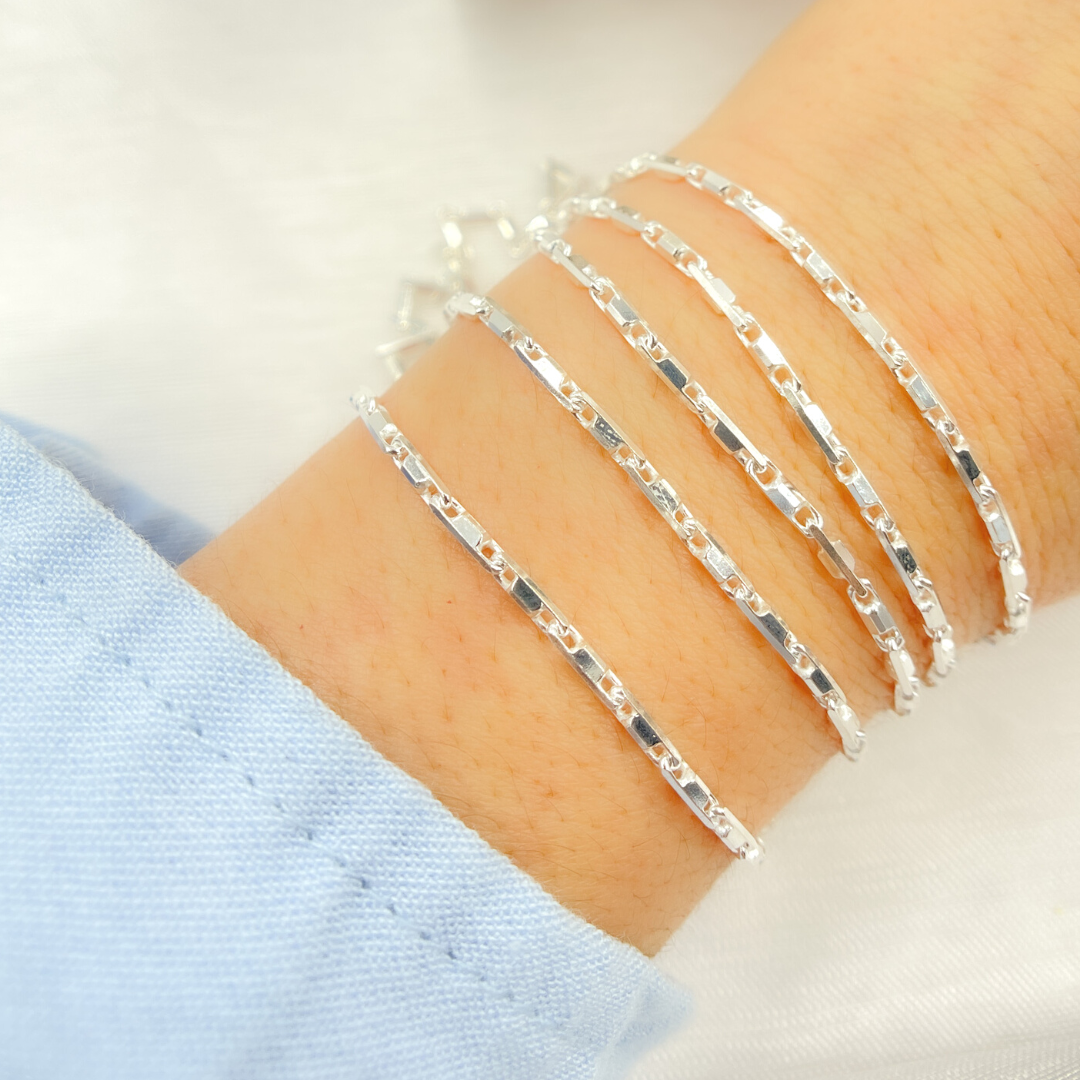 925 Sterling Silver Diamond Cut Bar Link Chain.