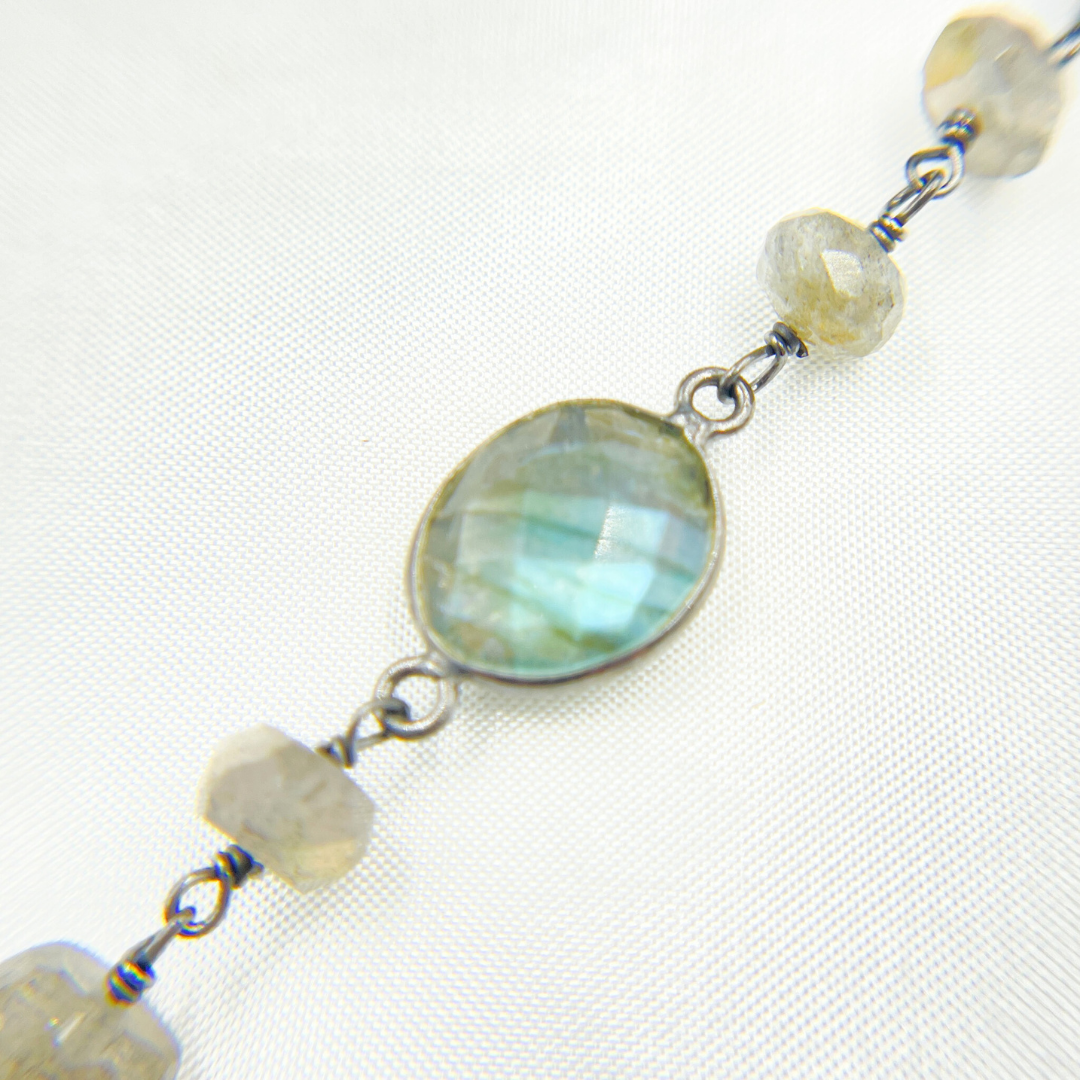 Coated Labradorite with Bezel Stone Oxidized Wire Chain. CLB30