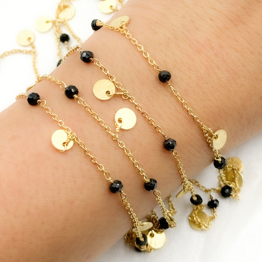 Black Spinel and Dangle Disc Gold Plated Wire Chain