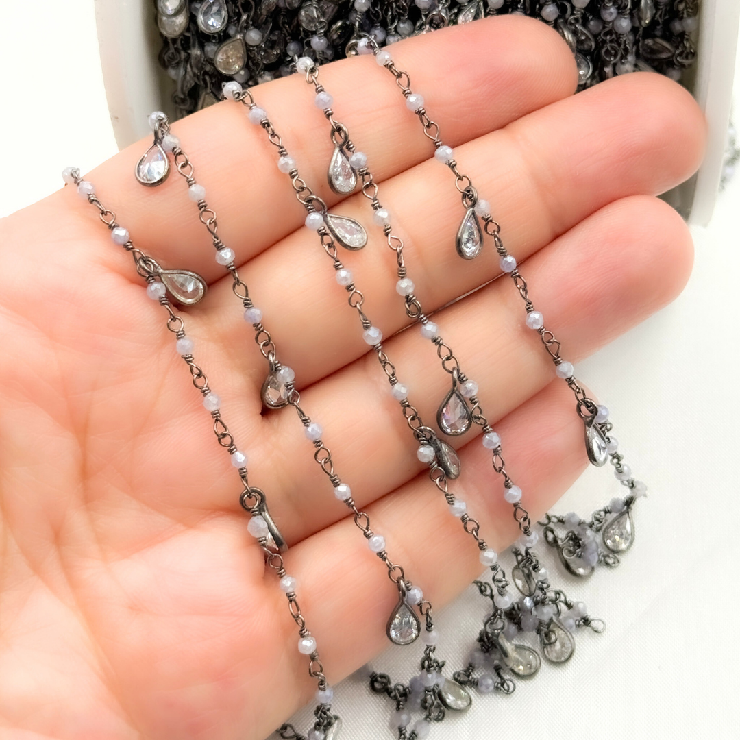 Coated Blue Quartz & CZ Dangle Oxidized Wire Chain