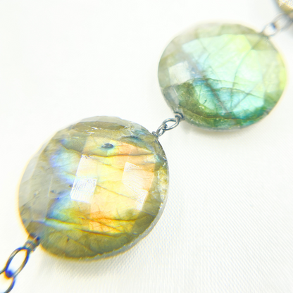 Labradorite Coin Shape Oxidized Wire Chain.