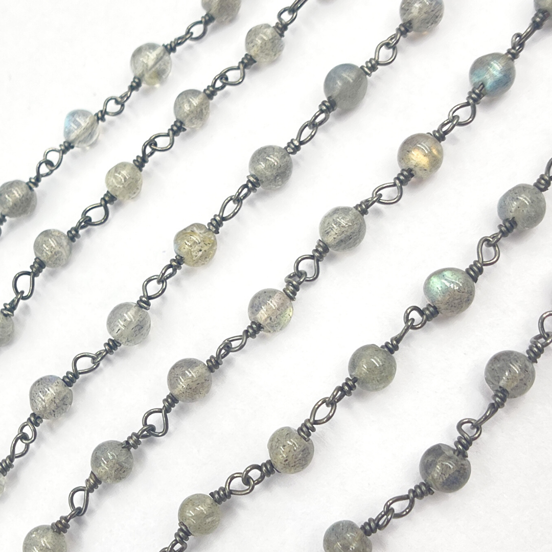 Labradorite Ball Stone Black Rhodium 925 Sterling Silver Wire Chain. LAB59