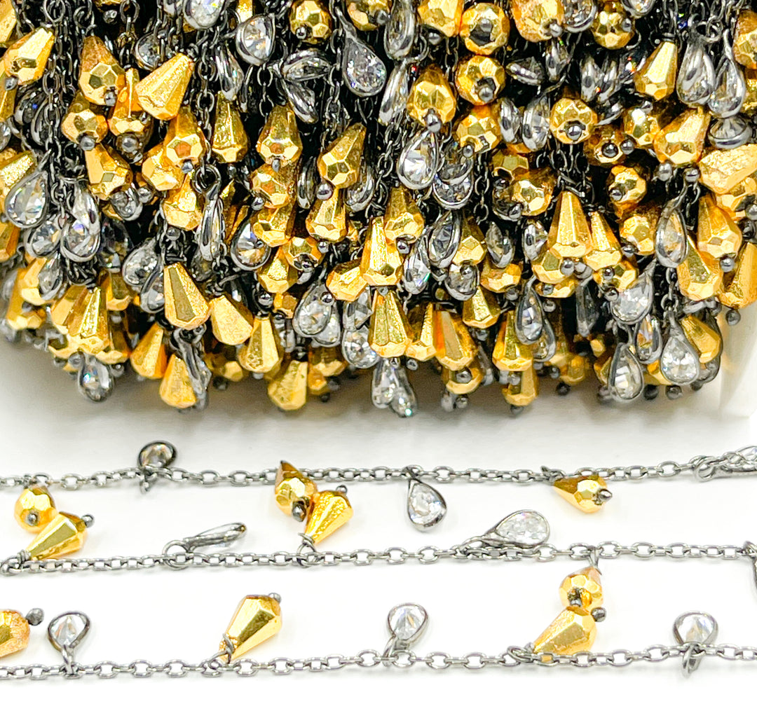 Golden Pyrite Drop & CZ Pear Shape Dangle Oxidized Wire Chain. PYR31