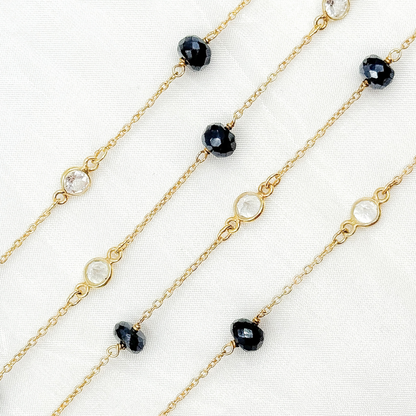 Coated Black Spinel Rondel Shape & White Topaz Gold Plated Connected Wire Chain.